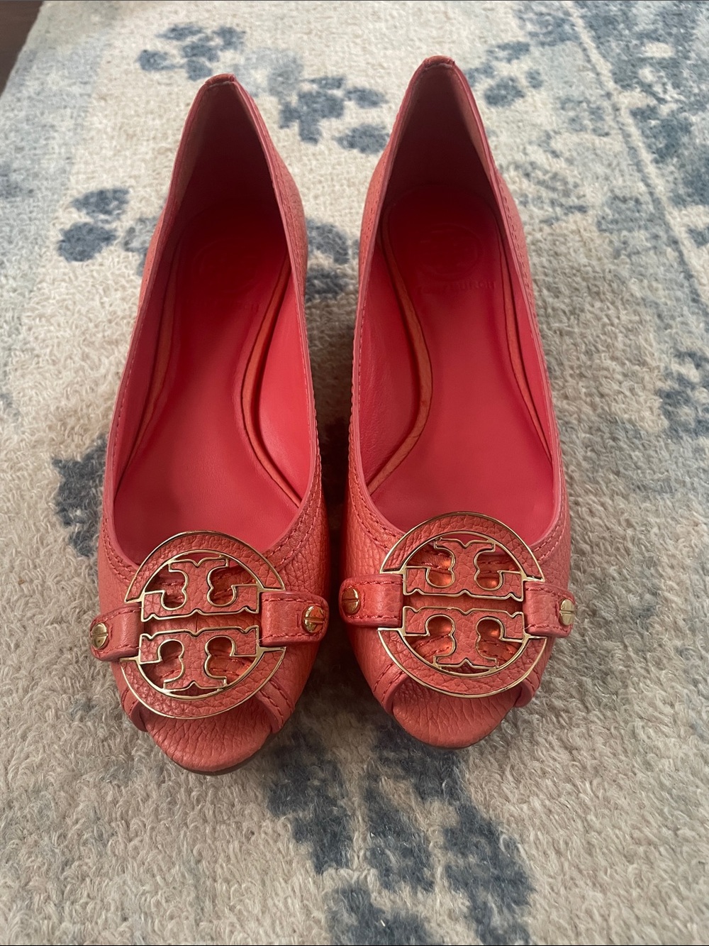 Tory Burch Coral Pink Leather Logo Peep-Toe Wedge